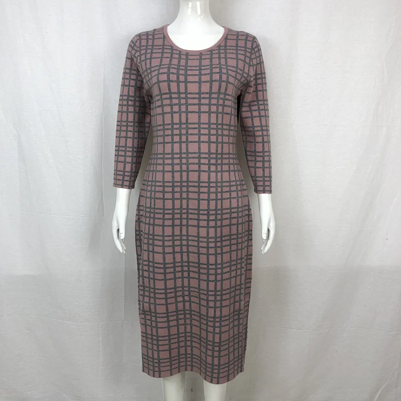 Viscose polyester spring elegant knitting dress long plaid sweater dress