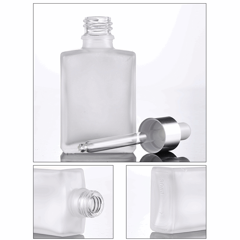 30Ml clear suqare frosted Essential OIl Bottle Vial made of high transparent thick glass metal aluminum dropper cap