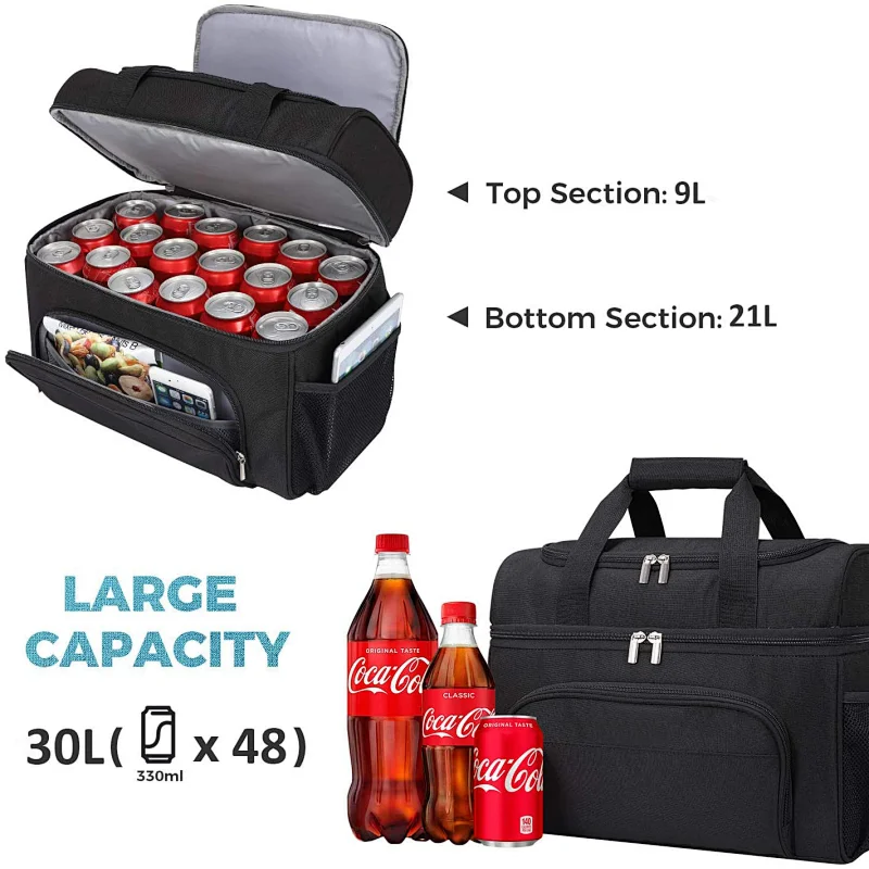 Navo Collapsible Cooler Bag 48-Can Insulated Leakproof Soft Cooler Portable Double Decker Cooler Tote for Beach/Picnic/Sports, Black,cooler bag,insulated bag,ice packs for coolers,yeti backpack cooler,thermal bag
