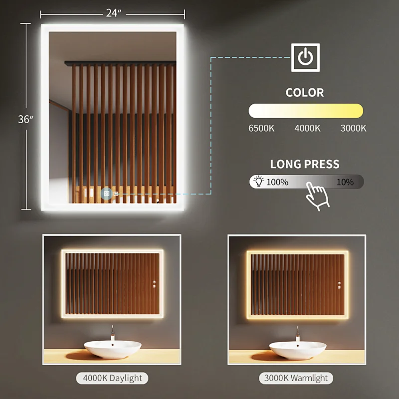 Modern Home Mirror With LED Lights Around It Horizontal And Vertical Installation HC1025