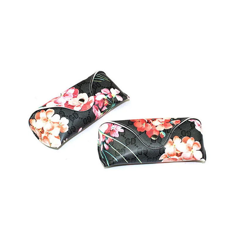 Black Background With Red Flower Printed Pu Leather Eye Glasses Case