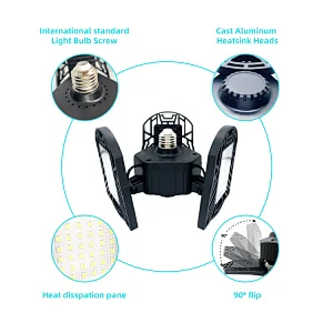 LED Garage Lights 80W E27/E26 6000LM Deformable Lamp Tribright Garage 3 Leaf Ceiling Lighting