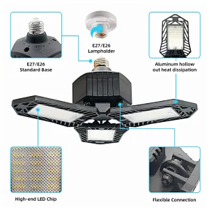Hot Sale Model Deformable Garage Ceiling Light High Bay 3 Leaf Adjustable Panel LED Garage Light