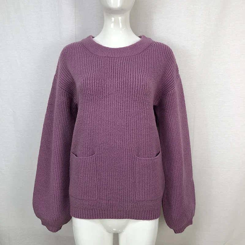 70%Acrylic 23% nylon 7% spandex knitwear pocket solid color thick women ladies sweater