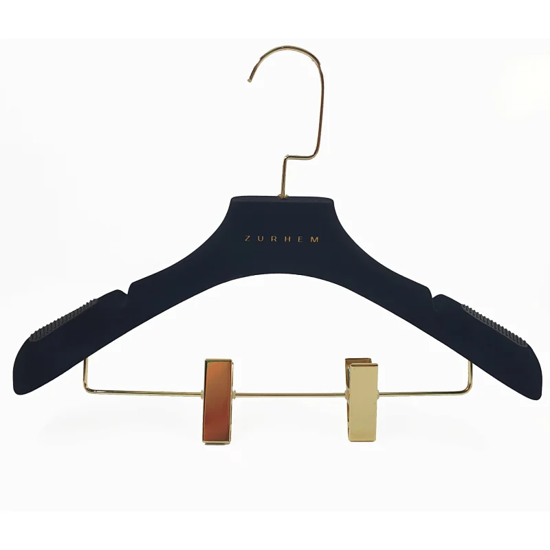 YT black velvet clothes hanger with clips bar wide shoulder coat and dress hanger