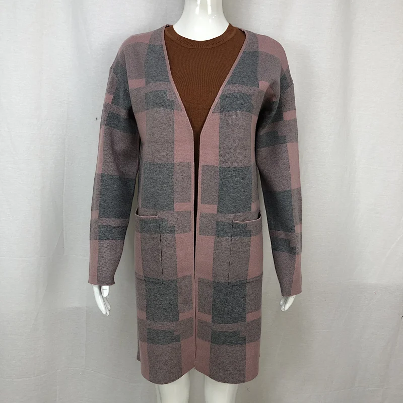 Spring 68% viscose 32% nylon liesure women classic plaid sweater cardigan for ladies