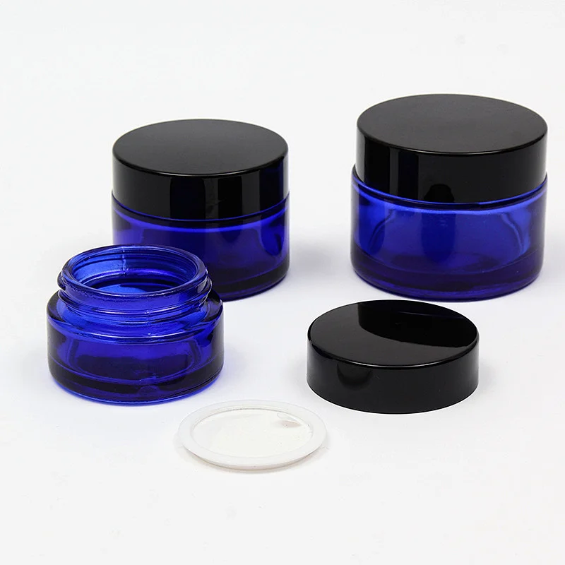 Wholesale 20g 30g 50g 100g blue glass jar with gold silver black white screw cap cosmetic skin care container package