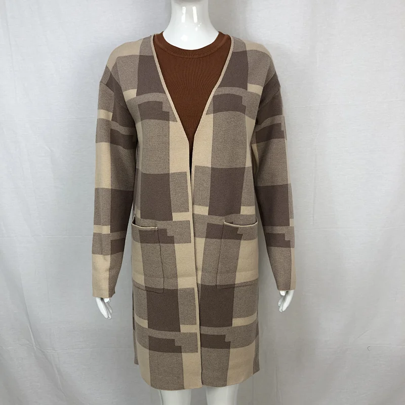 Spring 68% viscose 32% nylon liesure women classic plaid sweater cardigan for ladies