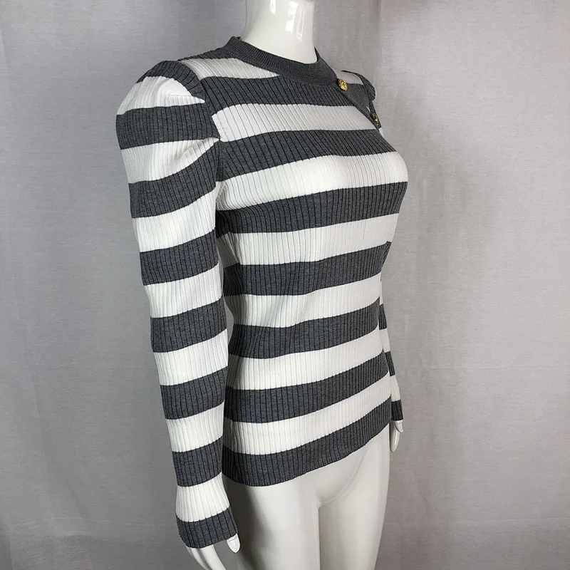 68%viscose 32%nylon striped round neck thin basic ladies sweater with buttons