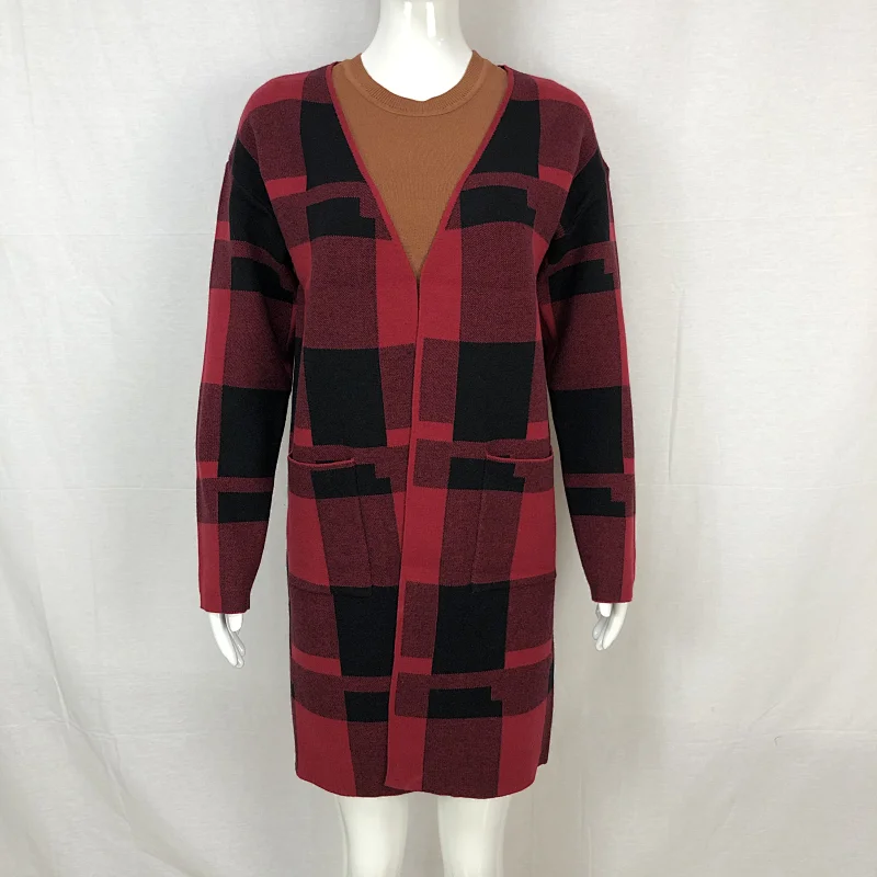 Spring 68% viscose 32% nylon liesure women classic plaid sweater cardigan for ladies