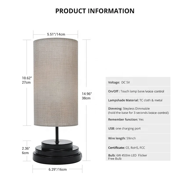 residential lighting voice control lamp bedside USB charge port touch dimmable usb desk lamp