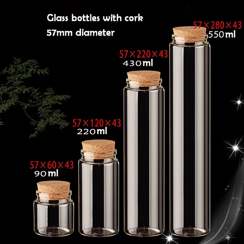 57 Diameter Clear Cork Glass Tube 90ml 220ml 430ml 550ml Glass Jars with Corks Wide Mouth Craft Containers Transparent Vials
