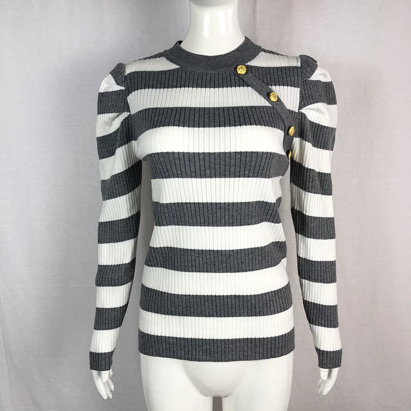 68%viscose 32%nylon striped round neck thin basic ladies sweater with buttons