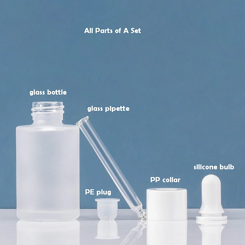 30Ml blue frosted Essential OIl Bottle Vial made of high transparent thick glass metal aluminum dropper cap pp pe puug