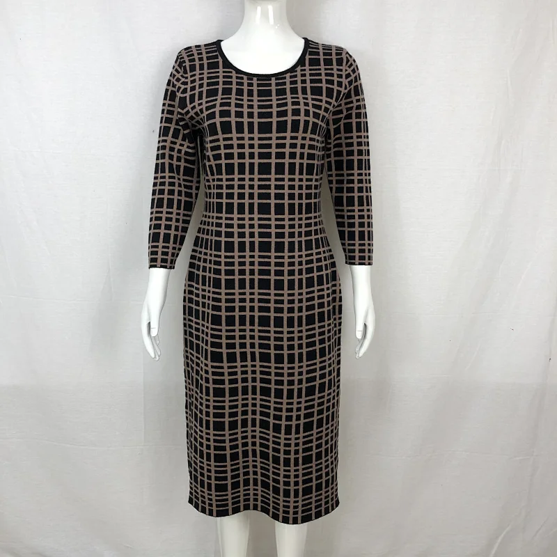 Viscose polyester spring elegant knitting dress long plaid sweater dress