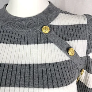 68%viscose 32%nylon striped round neck thin basic ladies sweater with buttons