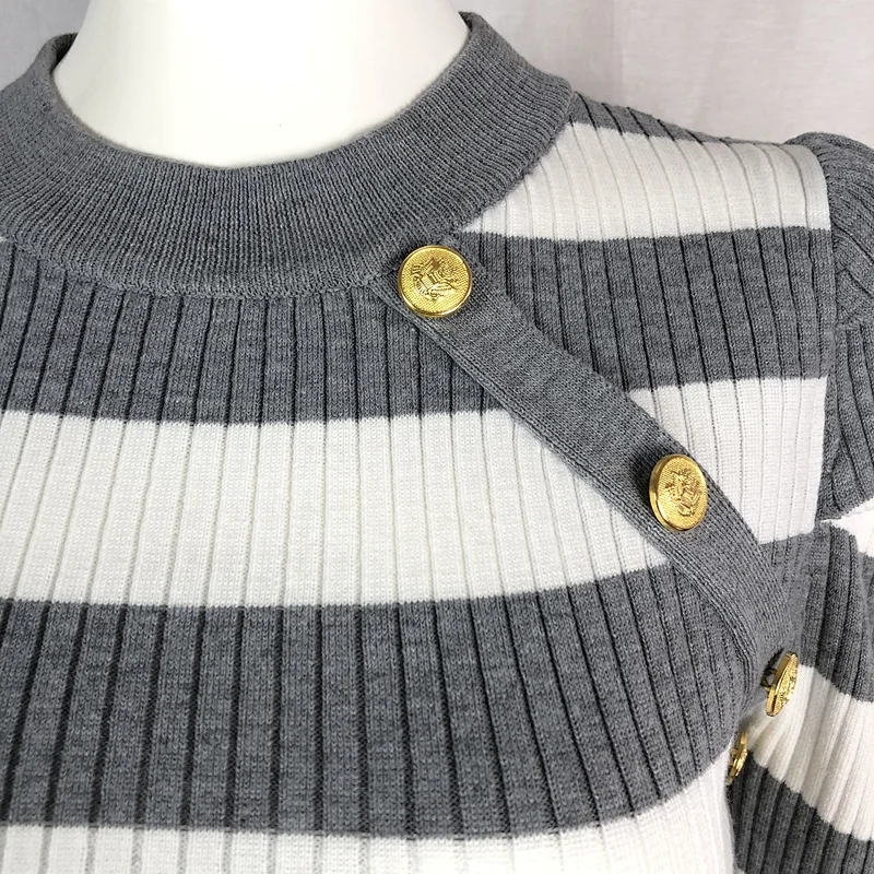 68%viscose 32%nylon striped round neck thin basic ladies sweater with buttons