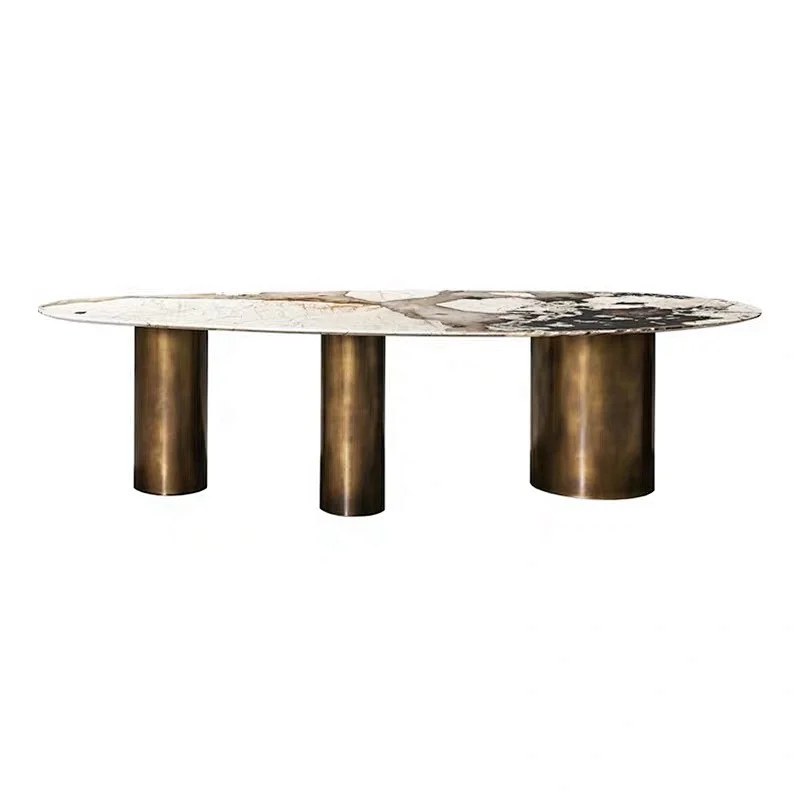 Italian high end customized luxury dining table set marble top with special metal base dining table
