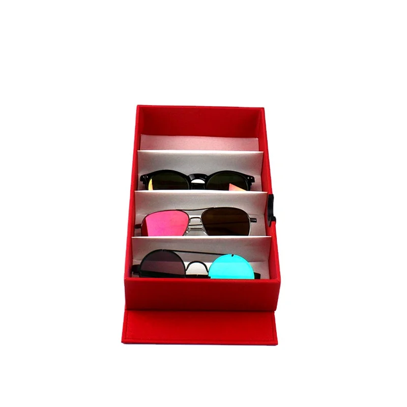 Red Pu Eyewear Display Case Magnetic Sunglasses Tray 4 Grids Eyeglass Storage Box