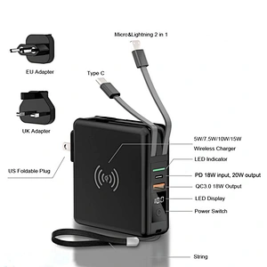 Banque d'alimentation 10000mAh 20W PD + chargeur sans fil 15W + chargeur de voyage mondial + câbles intégrés