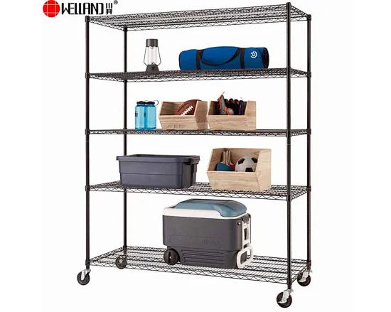 black wire shelving on wheels