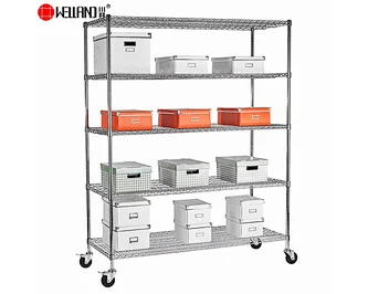 Commercial 5 Tiers Adjustable Chrome Metal Wire Shelving Rack with Wheels
