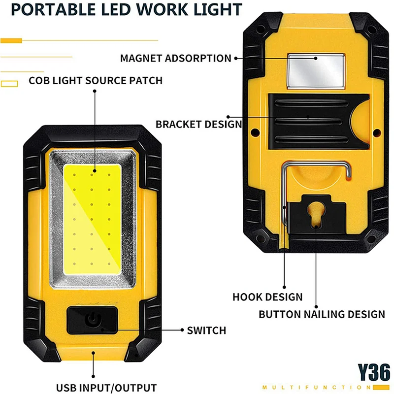 Portable LED Rechargeable Work Light,Magnetic Base & Hanging Hook, 30W 1200Lumens Super Bright, 5000K, for Car Repairing, Camping, Hiking, Backpacking, Fishing, Hurricane, Yellow