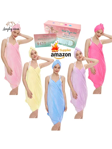 Amazon hot selling sexy magic ladies girl microfiber bathroom 2 piece set super absorbent fast drying hair turban bath towel dress