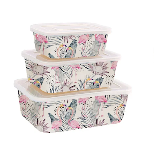 SQUARE BAMBOO FIBER STORAGE BOX SET WITH DECO