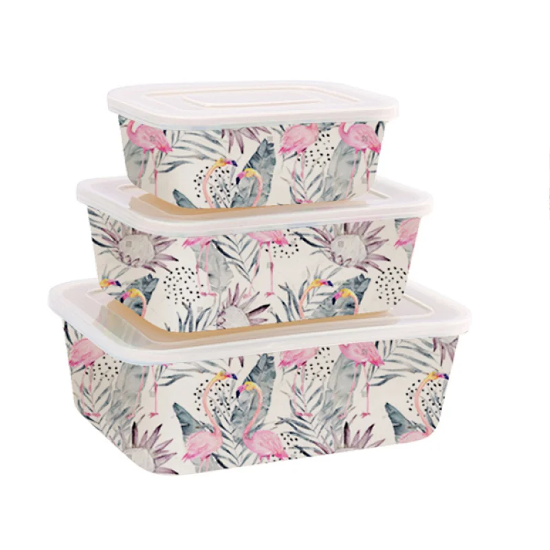 SQUARE BAMBOO FIBER STORAGE BOX SET WITH DECO