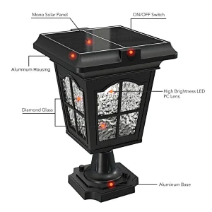 Retro Outdoor Solar Lamp Post Light With 3-Inch Aluminum Mount Base, 3CCT Solar Post Lights Outdoor Classic Die Cast Aluminum With Diamond Glass, Solar Pillar Light For Gate Column, Driveway