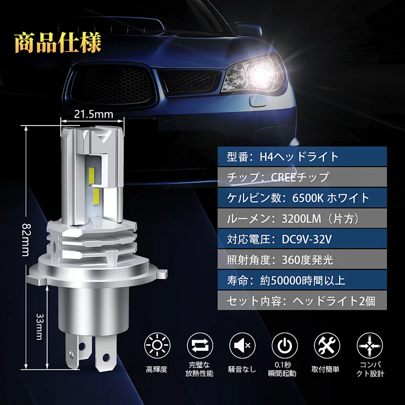 SANYOU LM-M4-H4W-3200LM Vehicle inspection compatible LED headlight 360 ° light emission white 6500K 6400LM (3200LM * 2) DC9V-32V fanless integrated 1 year warranty