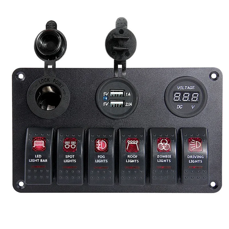 6 Rocker Switch Panel With Switches and 3 ockets/Voltmeters 174497