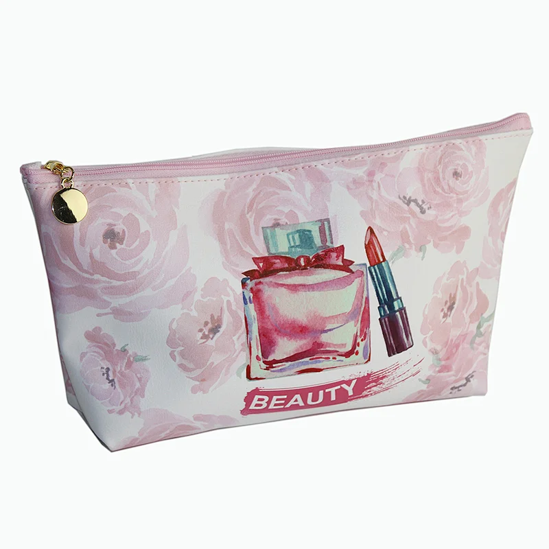 Print Pu leather Pink Cosmetic Bag Fashion Makeup Box Case with Zipper Custom Size