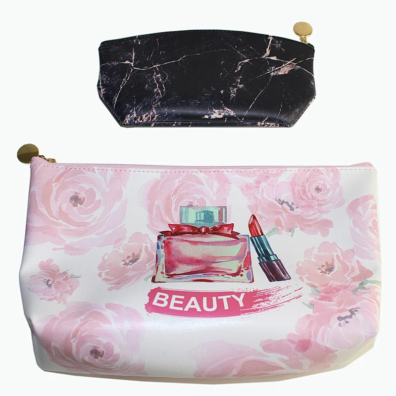 Print Pu leather Pink Cosmetic Bag Fashion Makeup Box Case with Zipper Custom Size