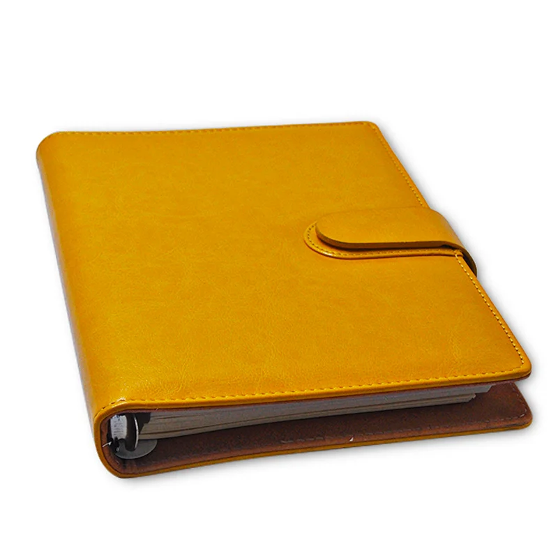 Office organizer stationary with yellow leather and 6 rings binder for loose leaves sheets/pages