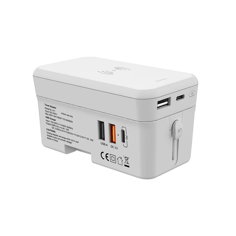 Global Travel Adapter with QC+PD and 10W Wireless Charger + 5000mAh Detachable Power Bank