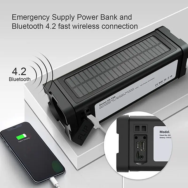 5,000mAh solar power bank with 20W Bluetooth speaker, 27pcs LED lights