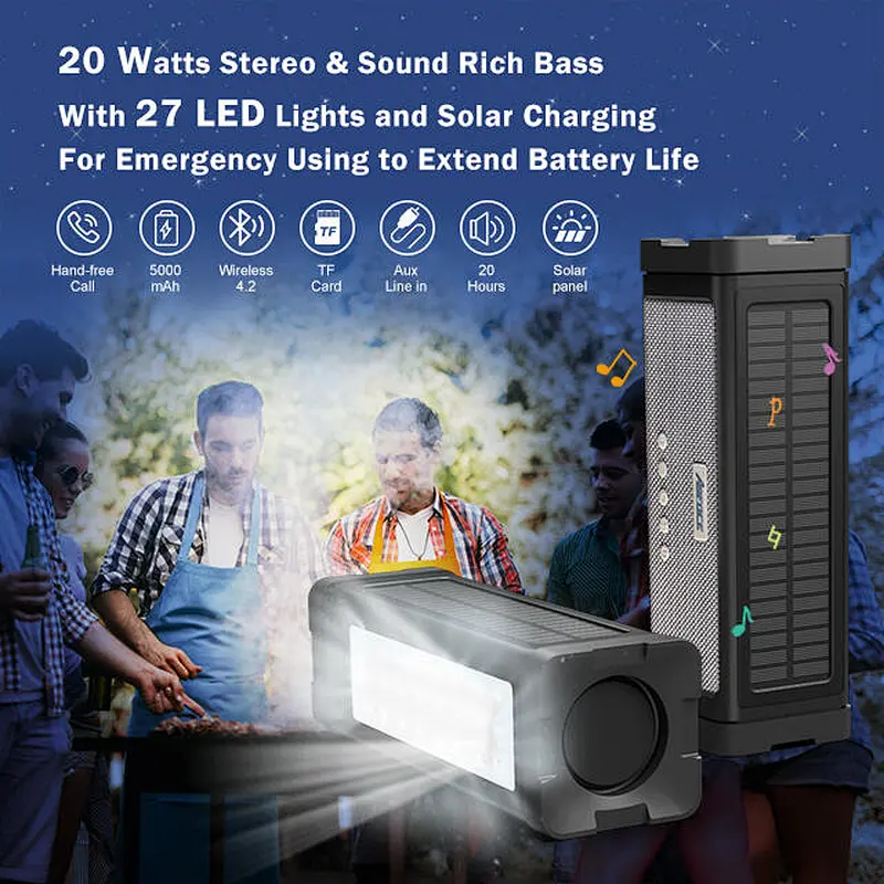 Banque d'alimentation solaire de 5 000 mAh avec haut-parleur Bluetooth 20 W, 27 lumières LED
