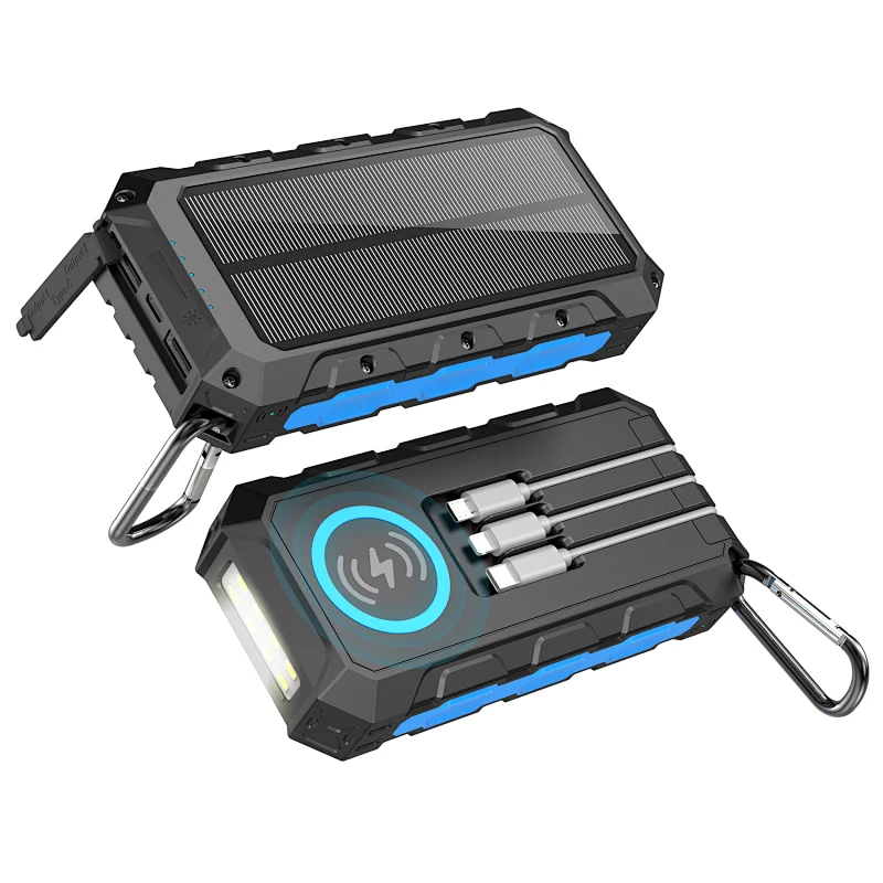 New Rugged Wireless Charging Solar Power Bank 24000mAh with Integrated Cables