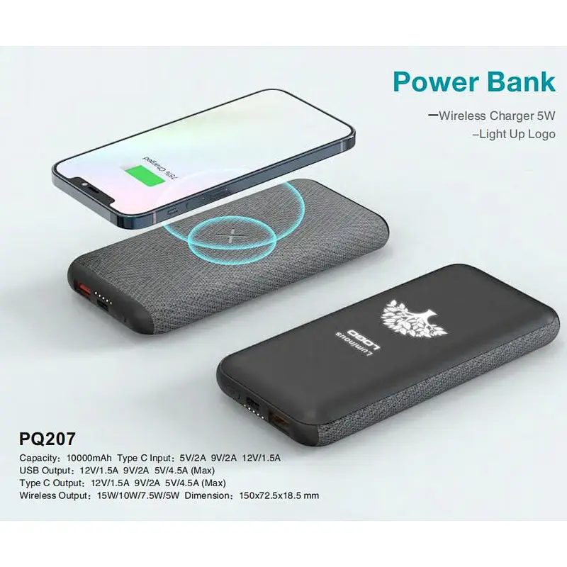 PD/QC 22.5W 10000Mah Linen PU Wireless Charger Power Bank With Light Up Logo