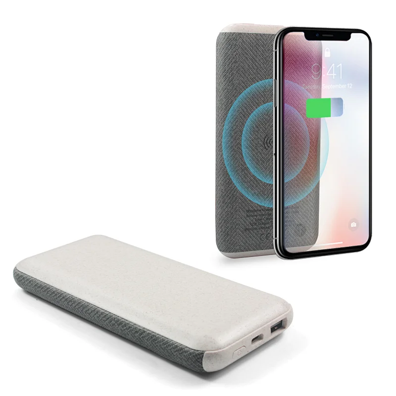 ECO Friendly wheat straw PD/QC 22.5W 10000Mah Linen PU Wireless Charger Power Bank With Light Up Logo
