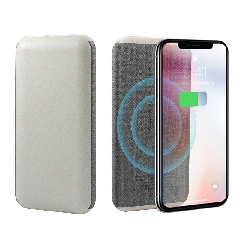 ECO Friendly wheat straw PD/QC 22.5W 10000Mah Linen PU Wireless Charger Power Bank With Light Up Logo