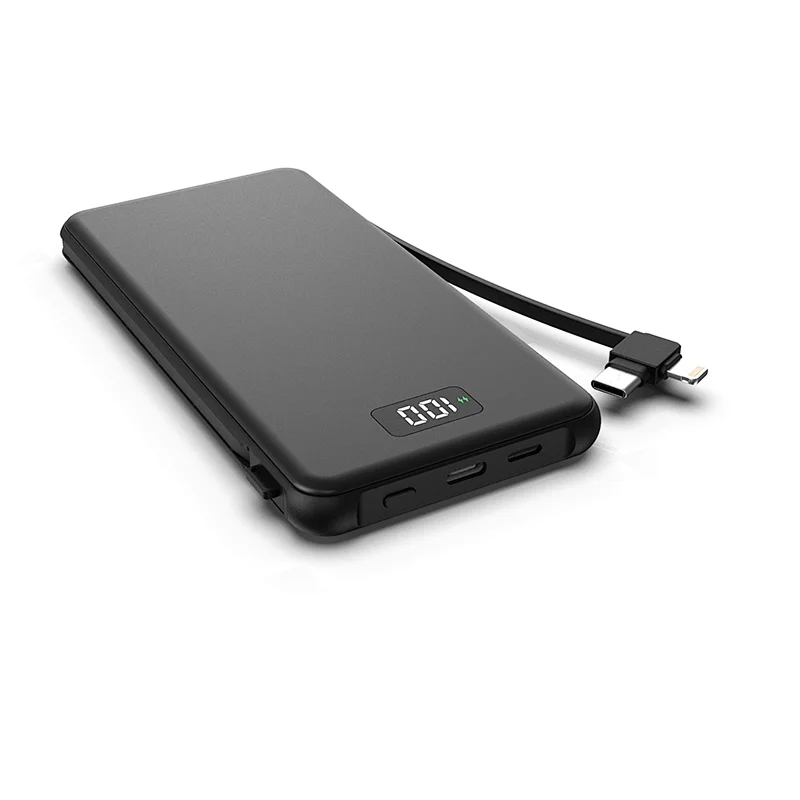Ultra-thin 10000mAh Power Bank with Integrated cable