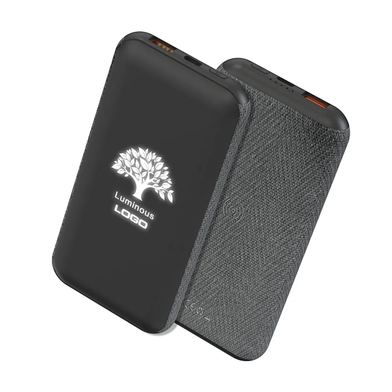 PD/QC 22.5W 10000Mah Linen PU Wireless Charger Power Bank With Light Up Logo