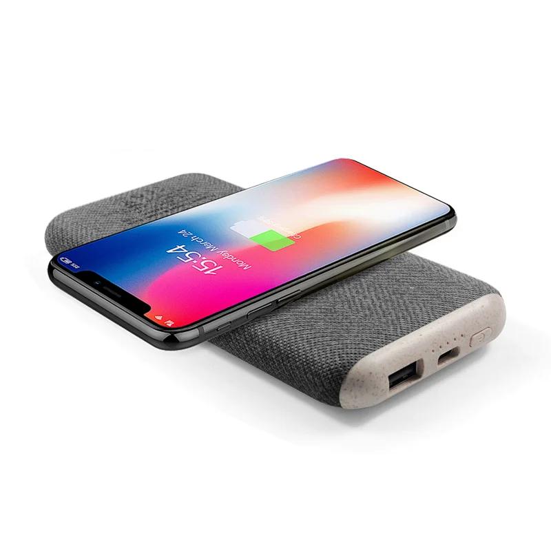ECO Friendly wheat straw PD/QC 22.5W 10000Mah Linen PU Wireless Charger Power Bank With Light Up Logo