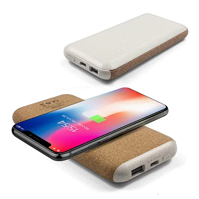 ECO Friendly wheat straw PD/QC 22.5W 10000Mah Linen PU Wireless Charger Power Bank With Light Up Logo