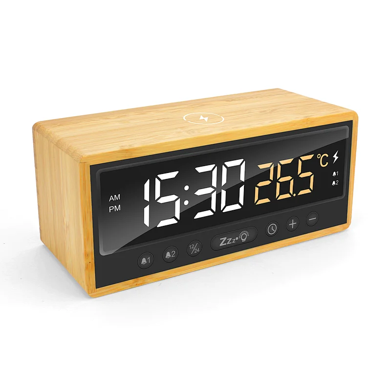Eco-friendly Wireless Charging Desk Clock with Temperature/ Calendar Display and USB-A/C Output