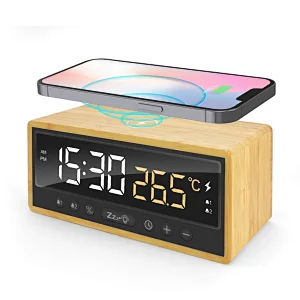 Eco-friendly Wireless Charging Desk Clock with Temperature/ Calendar Display and USB-A/C Output