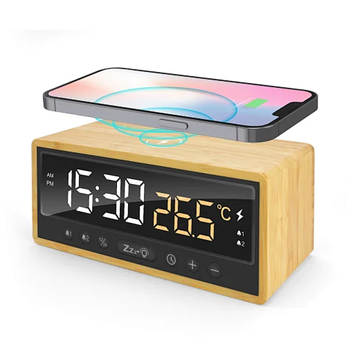 Eco-friendly Wireless Charging Desk Clock with Temperature/ Calendar Display and USB-A/C Output